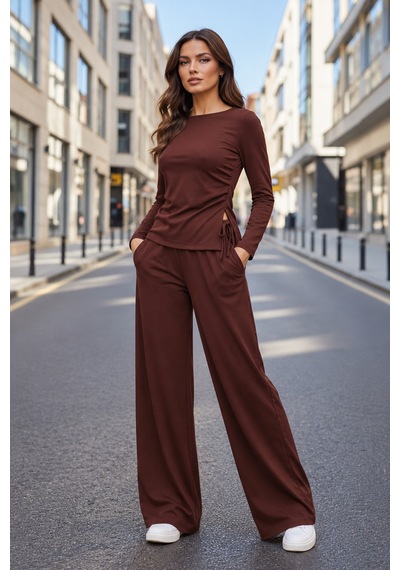 Moda Banuş Modal Kumaş Bol Paça Eşofman Takımı Kahverengi Bej Bej