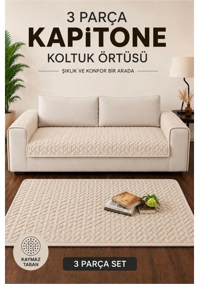 3 Parça Kaymaz Taban Kapitone 3'lü Koltuk Örtüsü Çekyat Kanepe Seti 90x200 Krem Krem