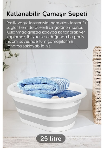 4'lü Set - 90 Lt İki Bölmeli Kirli Çamaşır Sepeti Katlanabilir Sepet Akordiyon Su Kovası Maşrapa Gri Gri