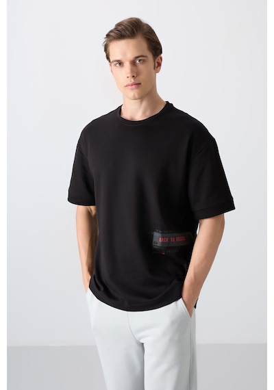 Tommy Life Siyah Pamuklu Kalın Yumuşak Dokulu Oversize Fit Baskılı Erkek T-shirt - 88322 001
