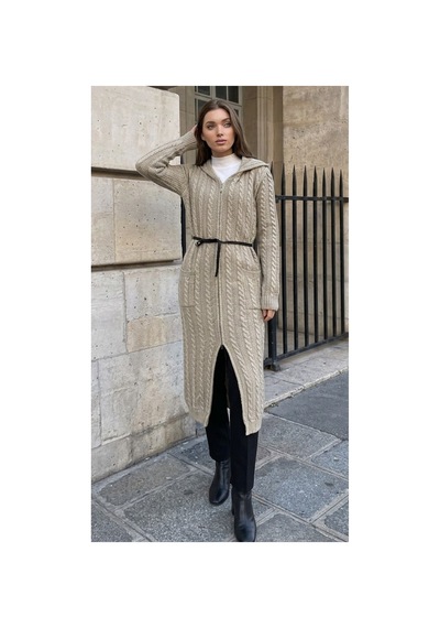 Onno Style Women Saç Örgü Triko Uzun Kadın Hırka Krem