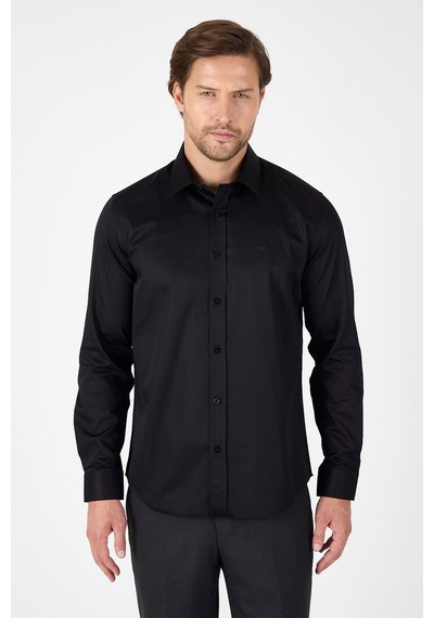 İmza Siyah Sert Yaka Düz Classic %100 Pamuk Slim Fit Gömlek 1004250324 Siyah