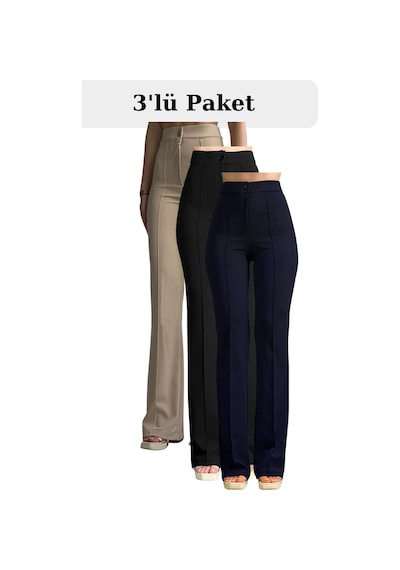 Thiff Gymwear Kadın Palazzo Pantolon 3 Lü Set Siyah Bej Lacivert, Krep Likralı, Yüksek Bel Jogger Kesim Çok Renkli