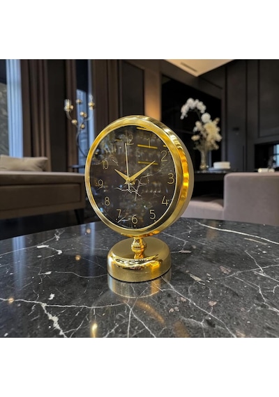 Tr Sleepnova Gold Marble Altın Renk Çerçeveli Siyah Mermer Desenli Masa Saati Diğer