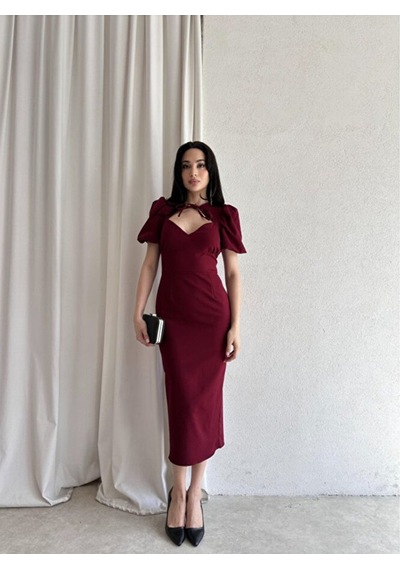 Bianca Yaka Detaylı Puff Kol Midi Elbise Bordo