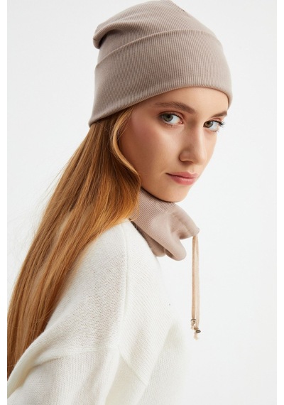 Butikgiz Kadın Balıkçı Style Pamuklu Kaşkorse Terletmez Ultra Hafif Yumuşak Bere Boyunluk Takım Sütlü Kahve