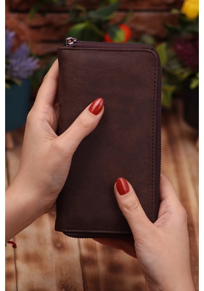 Özka Leather Crazy Kahverengi Telefon Bölmeli Unisex Deri Uzun Kartlık Cüzdan Portföy Siyah