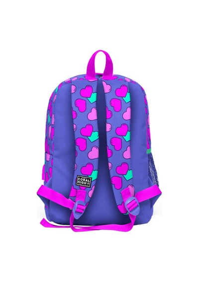 Coral High Kids Lavanta Pembe Kalp Desenli Dört Bölmeli USB Şarjlı Kulaklık Çıkışlı Okul Sırt Çantası 23263