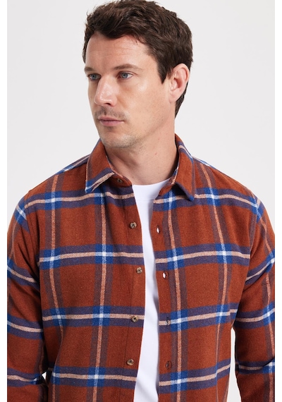 Tudors Erkek Slim Fit Dar Kesim Kareli Kışlık Oduncu Gömlek-42361 Kiremit