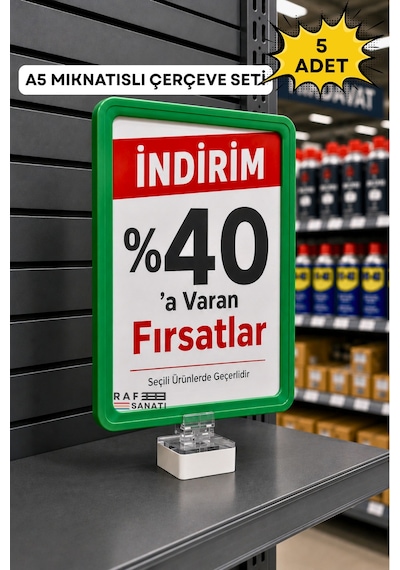 5 Adet - A5 Mıknatıs Tutuculu Fiyatlık Etiketlik Dikey Yatay Ve Bilgilendirme Çerçevesi Yeşil