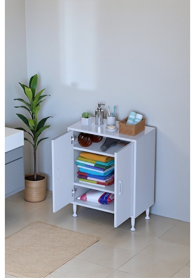 Eliusta Sabir 60 Cm 2 Raflı Beyaz Banyo Mutfak Dolabı 3 Bölmeli Çok Amaçlı Dolap 60x75x32,5 Cm Düzenleyici Beyaz