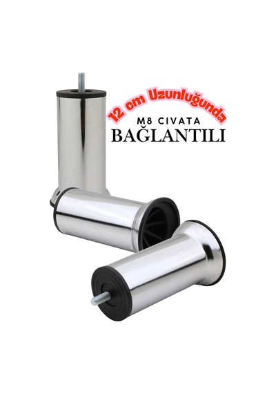 Klc 2 Adet M8 İnce Diş Krom Metal Mobilya Ayağı - Kanepe, Baza, Koltuk Yükseltme Ayağı 12 Cm Gri Gri