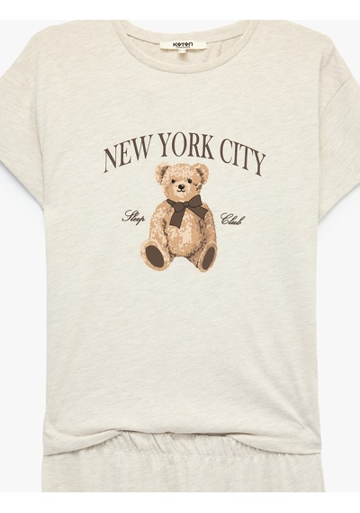 Koton Kısa Kollu Bisiklet Yaka Ayıcık Baskılı Pijama Takımı Bej Melanj 7wlk40266mk