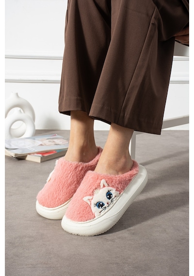 Polomia Comfort Poppy Berlin Kadın Figürü Sevimli Pijama Kedi Desen Peluşlu Hafif Kaymaz Eva Taban Kışlık Terlik Pudra
