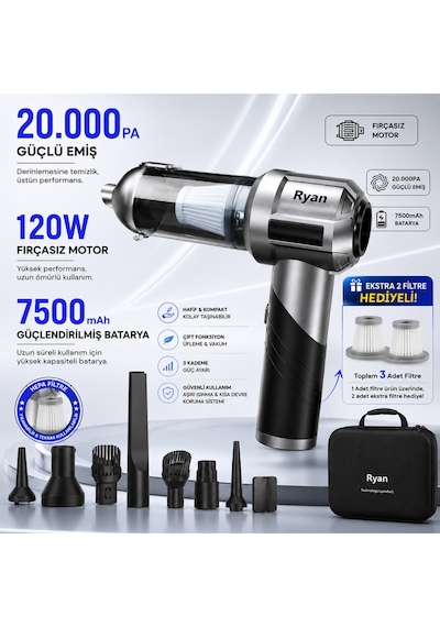 120w Şarjlı Araç Süpürgesi 20.000pa Güçlü Emiş 7500mah El Süpürgesi Üfleyici 3 Filtreli Ry-vc20