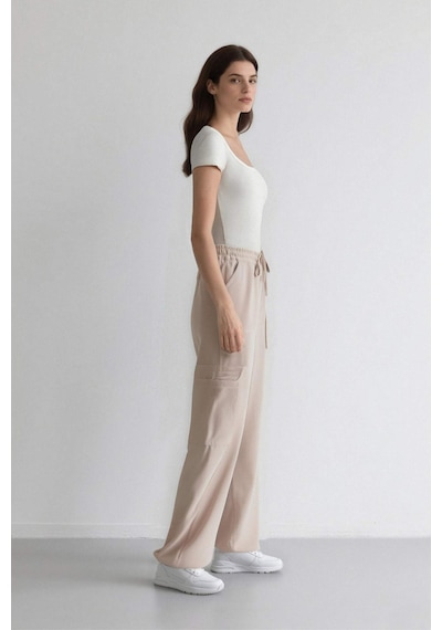 DeFacto Coool Wide Leg Geniş Paça Keten Karışımlı Pantolon Kargo Cepli Yüksek Bel C0964AX24SMBG155