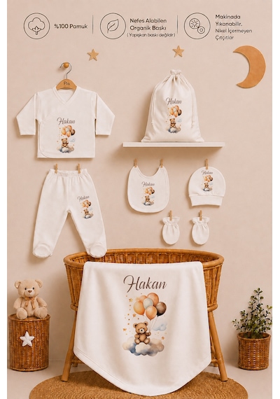 Pia Baby Erkek Bebek İsimli Hastane Çıkışı 8 Parça Zıbın Seti %100 Pamuk Battaniye Yastık Kılıfı Keseli 1067zybk0x Ekru