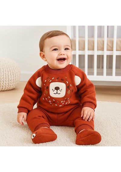 Alpbebe Şirin Bear Surat Panduflu Kışlık 2 Parça Takım Koyu Kahverengi