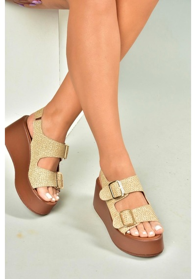 Fox Shoes U946418517 Bej Hasır Dolgu Topuklu Kadın Ayakkabı Bej-hasır