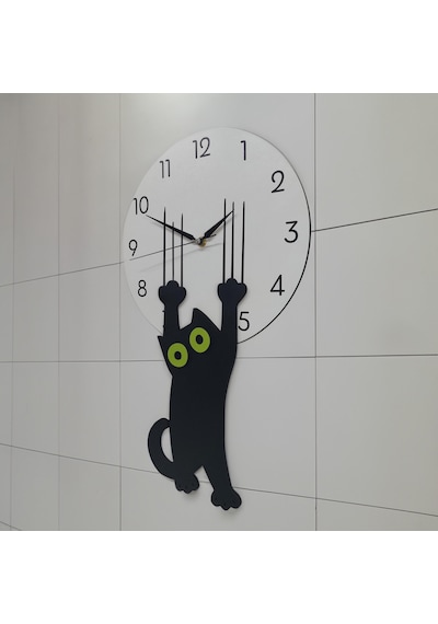 Cajuart Özel Ahşap Tasarım Saati Tırmalayan Kara Kedi Duvar Saati Dekor Beyaz - Siyah