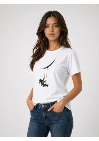 Defymoda Astronot Ay Temalı Tişört Kısa Kol Yazlık Bisiklet Yaka T-shirt - Beyaz