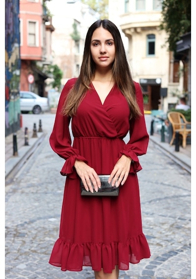 Avver Kadın Bordo Astarlı Kruvaze Şifon Elbise Bordo