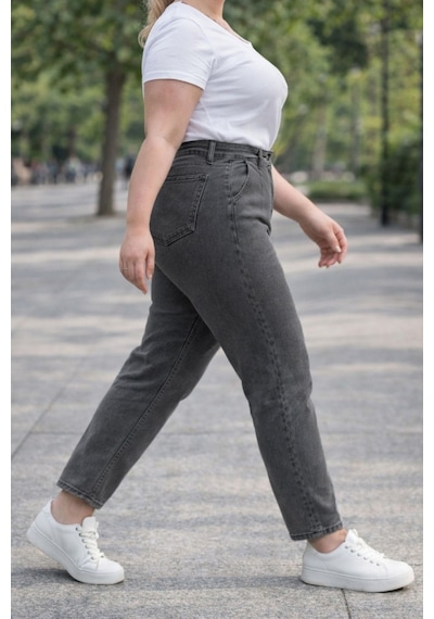 Cedy Denim Mom Fit Jean Büyük Beden Yüksek Bel Carrot Kesim Dar Paça Pileli Esnek Kot Pantolon C600 Gri