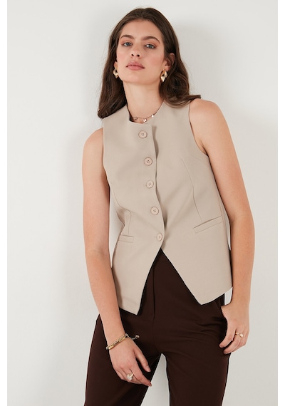 Lela Regular Fit Bisiklet Yaka Kolsuz Düğmeli Basic Bluz Bayan Yelek 65200004 Taş