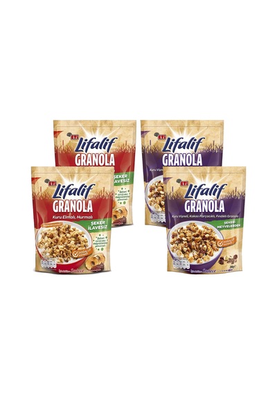 Eti Lifalif Granola Kuru Elma Hurmalı Ve Kuru Vişne Kakao Fındıklı 200 Gr 4 Lü Karma Paket