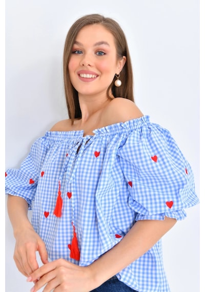 Park Karon Kadın Mavi Pötikare Yakası Fırfırlı Oversize Dokuma Bluz 001