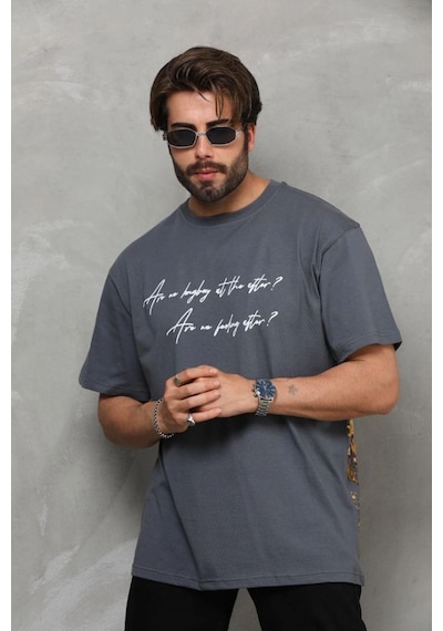 Erkek Kısa Kol Yazlık Tişört Bisiklet Yaka Baskılı Oversize T-shirt - Füme