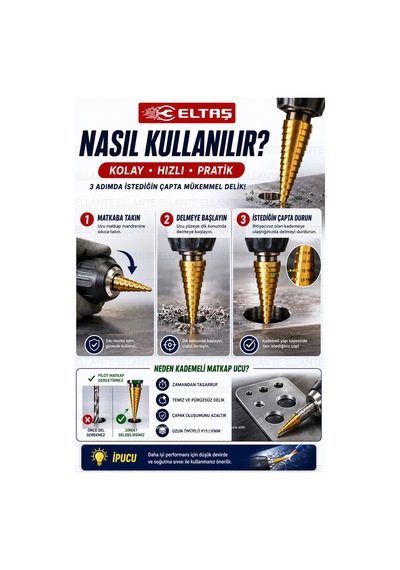 3 Parça Hss Titanyum Kaplamalı Kademeli Matkap Ucu Seti 4-12 / 4-20 / 4-32 Mm