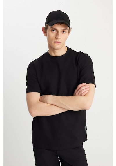 Relaxed Fit Geniş Kesim Bisiklet Yaka Siyah Dokulu Basic Tişört Siyah