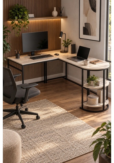 Sulorahome Tipi Köşe Çalışma Masası 2 Raflı Metal İskeletli Kahverengi Mermer Sulorahome Tipi Köşe Çalışma Masası 2 Raflı Metal İskeletli Kahverengi Mermer