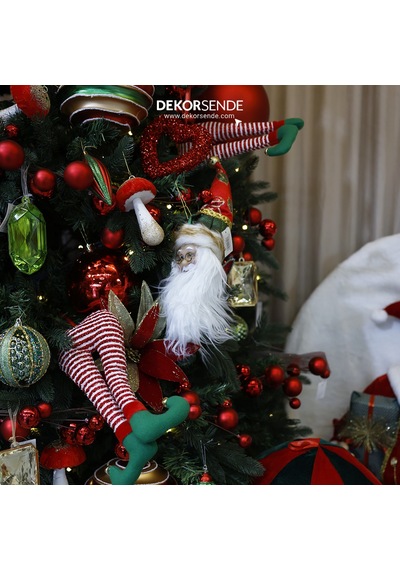 Yılbaşı Süsü İşlemeli Şapkalı Noel Baba Kafası Yeşil Kırmızı 45 Cm