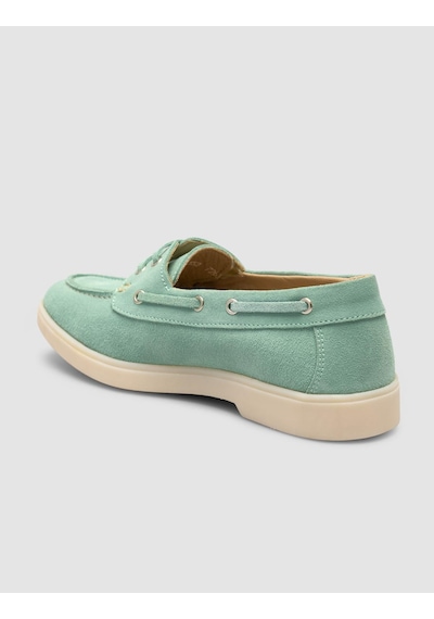 Monamae %100 Hakiki Deri Yeşil İp Detaylı Süet Kadın Loafer YESIL