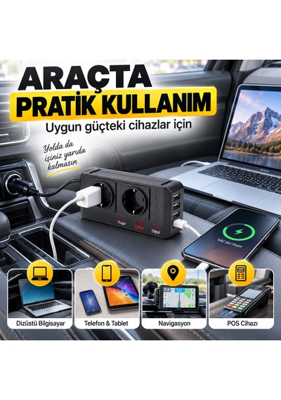 12v 220v Araç İnverteri 200w 2 Ac Priz 4 Usb Çıkışlı Oto Çakmaklık Dönüştürücü