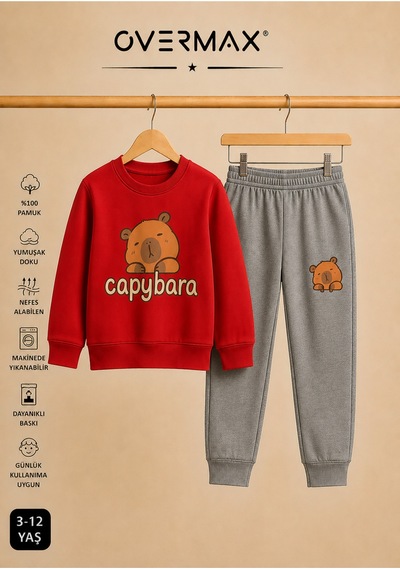 Overmax Capybara Baskılı Unisex Tasarım Çocuk Eşofman Takımı 3-12 Yaş Kırmızı Üst- Gri Alt - 916006437 Kırmızı Üst- Gri Alt