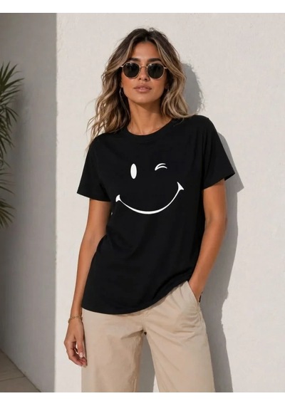 Valensdesign Minimal Gülümseyen Yüz Baskılı Tişört Kısa Kol Yazlık T-shirt - Siyah