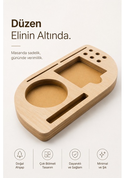 Deskmate Safir Meşe Telefon Standlı Mdf Masaüstü Organizer Kalemlik & Notluk & Kartlık