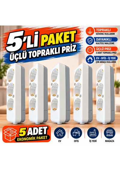 5'li Paket 3'lü Topraklı Grup Priz Kasası Beyaz Kabl Osuz Anahtarsız 16a 250v Ev Ofis Iş Yeri Kullanımı 0