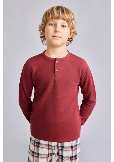 Defacto Regular Fit Henley Yaka Waffle Üst Ekose Alt 2li Pijama Takımı Erkek Çocuk I1444a826aubr281 Bordo-br281