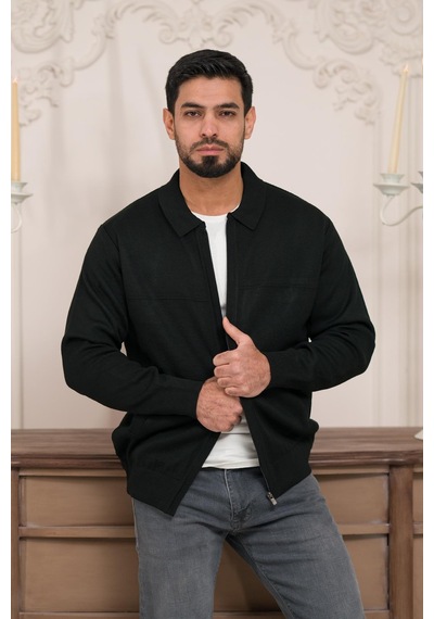 Woolen World Polo Yaka Fermuar Kapamalı Klasik Kesim Astarlı Çelik Örgü Hırka Siyah