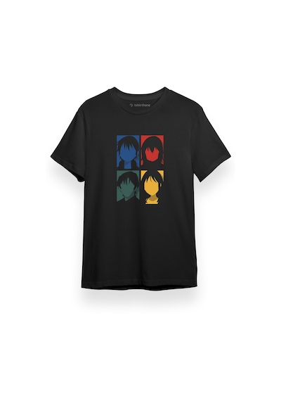 Erased Anime All Main Character Minimal Colorful Art Siyah Kısa Kol Erkek Tshirt 001