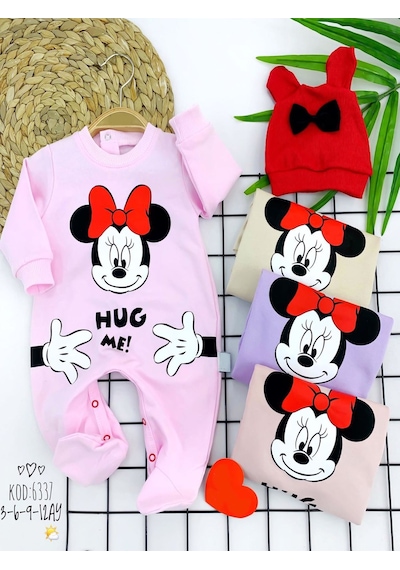 3-6-9-12 Ay Mickey Baskılı Kulaklı Şapka Uzun Kollu Kız Erkek Bebek Tulumu 001