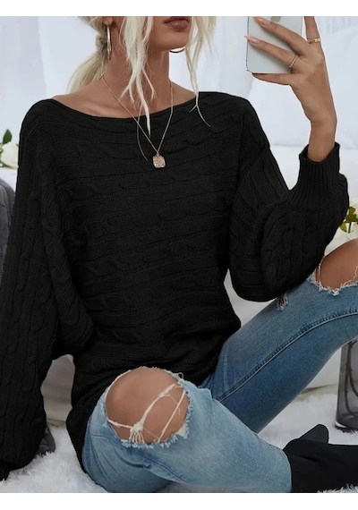 Defymoda Kadın Uzun Kollu Yakası Açık Saç Örgü Desenli Triko Bluz Siyah
