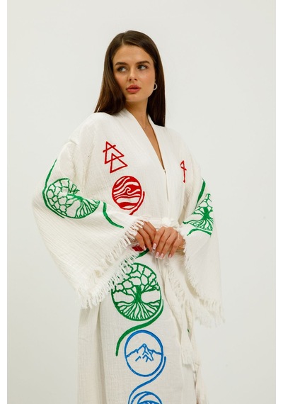 Befera Müslin Kimono Pamuklu Hayat Ağacı Baskılı Desenli Bornoz Kaftan Sabahlık Beyaz