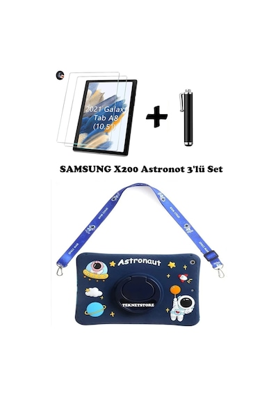 Samsung Galaxy Tab A8 10.5 2021 Sm-x200 Uyumlu Kedi Kılıf Çocuk Kılıfı Askılı Standlı 3'lü Set Kılıf