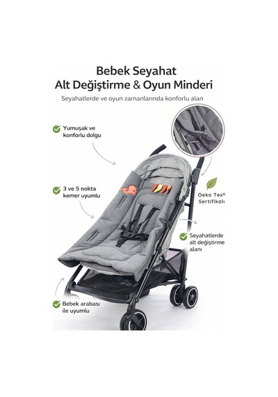 6'sı 1 Arada Bebek Seyahat Alt Değiştirme Matı Bebek Arabası Ana Kucağı Mama Sandalyesi Oyun Minderi Gri