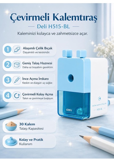 Deli H515-bl Çevirmeli Kalemtıraş Geniş Hazneli, Dayanıklı Çelik Bıçaklı Masaüstü Kalemtraş Mavi